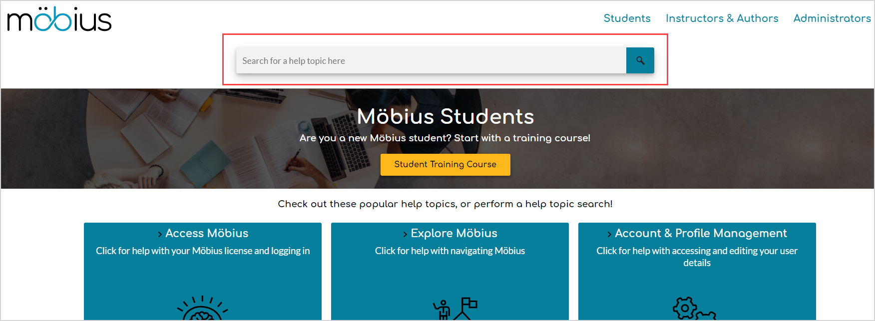 There's a search bar at the top of the Möbius Student Online Help page.